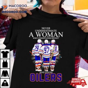 Never Underestimate A Woman Who Understands Hockey And Loves Oilers Signatures Tshirt