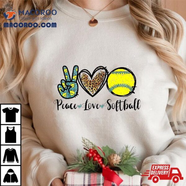 Peace Love Softball Leopard Player Girl Mothers Day Shirt