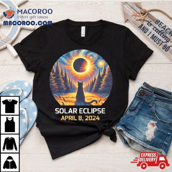 Total Solar Eclipse 2024 Astronaut Moon Painting Black Cat Eclipse Viewing Souvenir Shirt