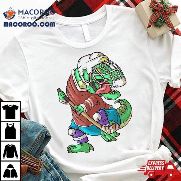 Hockeysaurus Kids T Rex Dinosaur With Ice Hockey Stick Shirt