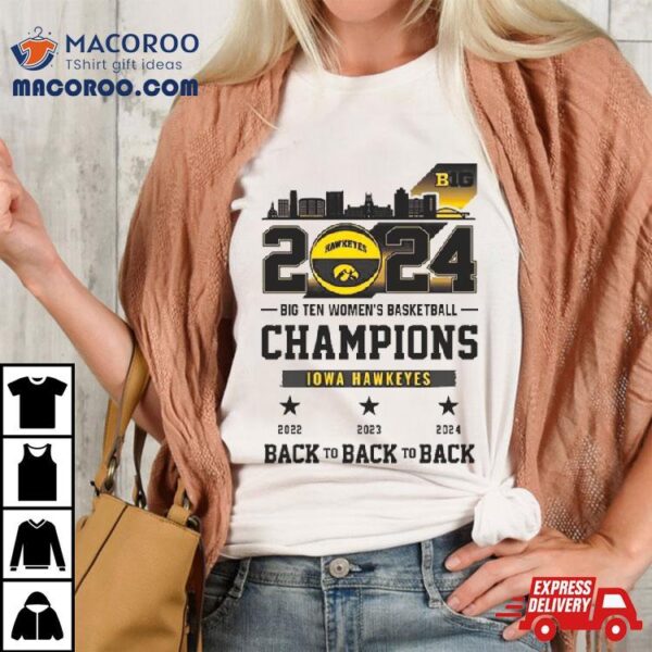 Iowa Hawkeyes Skyline 2024 Big Ten Women’s Basketball Champions Back To Back To Back Shirt