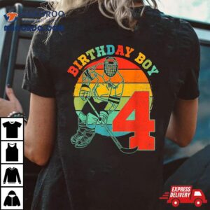 Kids 4 Year Old Ice Hockey Retro Birthday Party 4th Boy Shirt