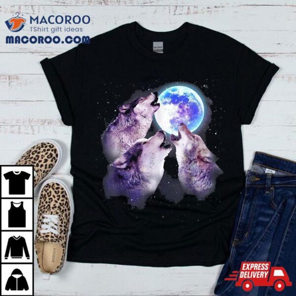 Three Grey Wolf Howling At The Moon 3 Wolves Space Galaxy Shirt