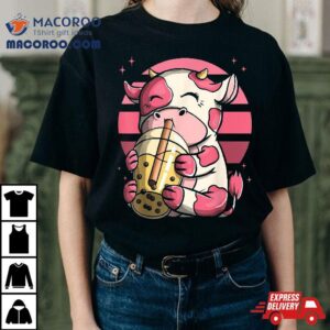 Boba Bubble Tea Drink Cup Pink Cow Gift Anime Tshirt