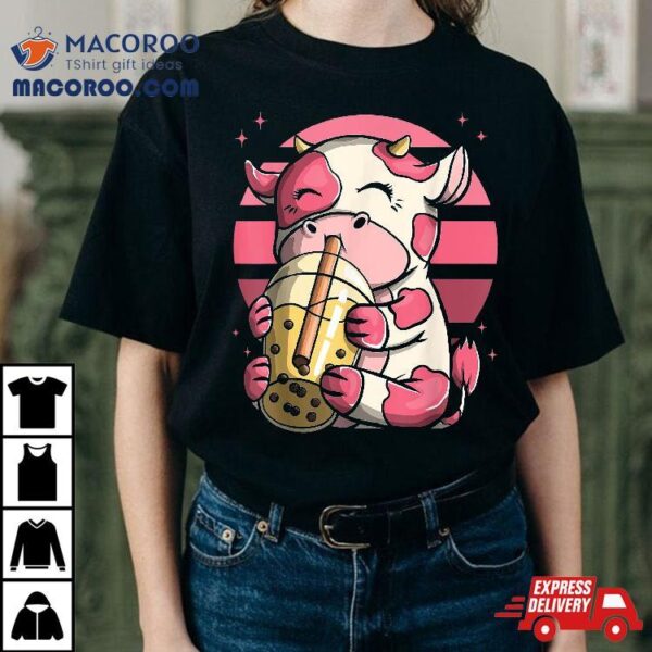 Boba Bubble Tea Drink Cup Pink Cow Gift Anime Shirt