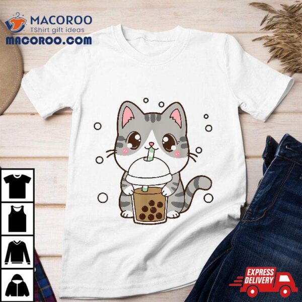 Cute Cat Boba Tea Anime Japanese Kids Teen Girl Kawaii Shirt