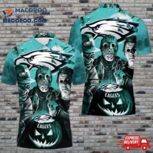 Freddy Jason Michael Myers Loves Philadelphia Eagles Pumpkin Head Halloween 3D Polo Shirt