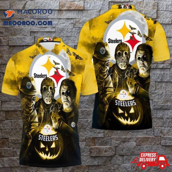 Freddy Jason Michael Myers Loves Pittsburgh Steelers Pumpkin Head Halloween 3D Polo Shirt