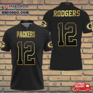 Green Bay Packers 12 Aaron Rodgers Black Golden Edition Jersey Inspired Polo Shirt