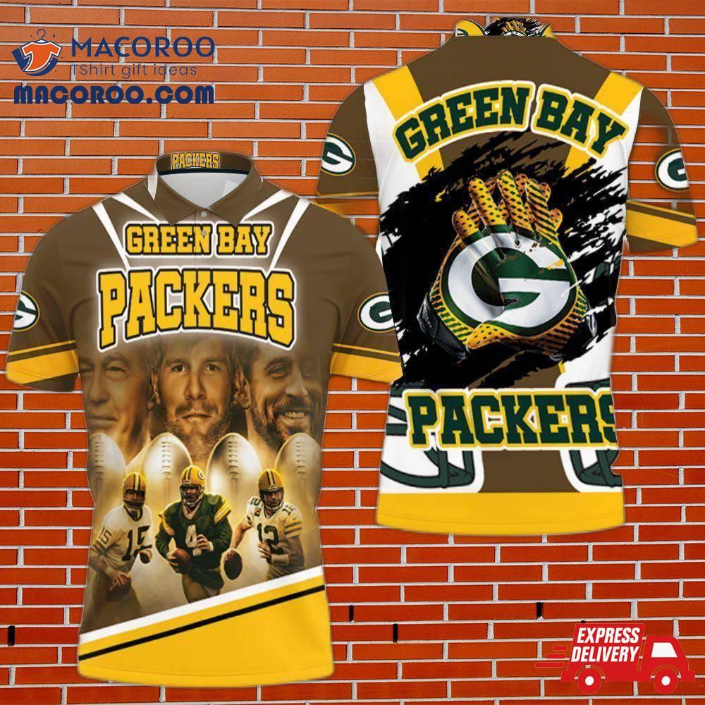 Green Bay Packers Qbs Bart Starr 15 Brett Favre 4 Aaron Rodgers 12 For Fans 3D Polo Shirt Green Bay Packers Qbs Bart Starr 15 Brett Favre 4 Aaron Rodgers 12 For Fans 3D Polo Shirt
