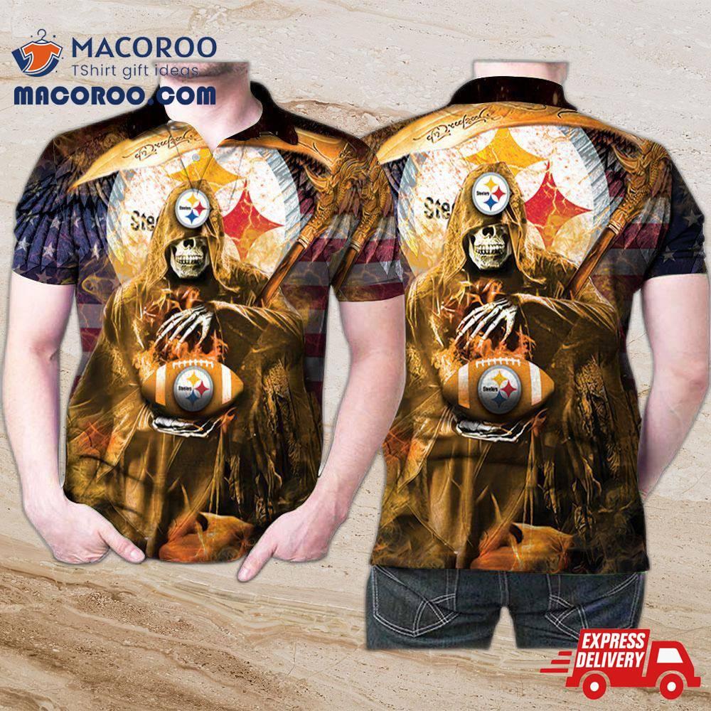 Pittsburgh Steelers Death Skull Holds Logo Ball 3D Printed Gift For Fan Polo Shirt Pittsburgh Steelers Death Skull Holds Logo Ball 3D Printed Gift For Fan Polo Shirt