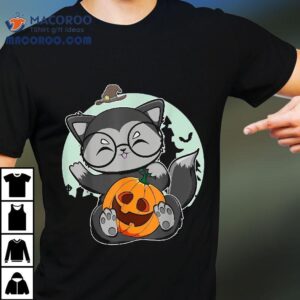 Cute Black Fox With Anime Pumpkin For Kawaii Halloween Tshirt