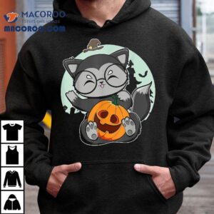 Cute Black Fox With Anime Pumpkin For Kawaii Halloween Tshirt