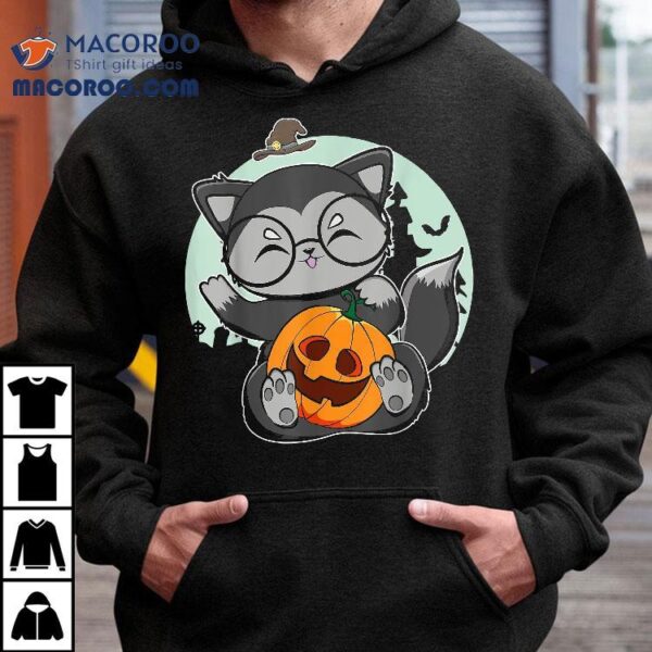 Cute Black Fox With Anime Pumpkin For Kawaii Halloween Shirt