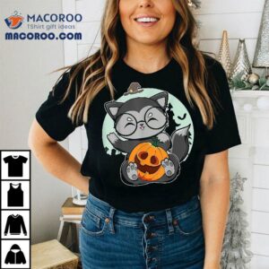 Cute Black Fox With Anime Pumpkin For Kawaii Halloween Tshirt