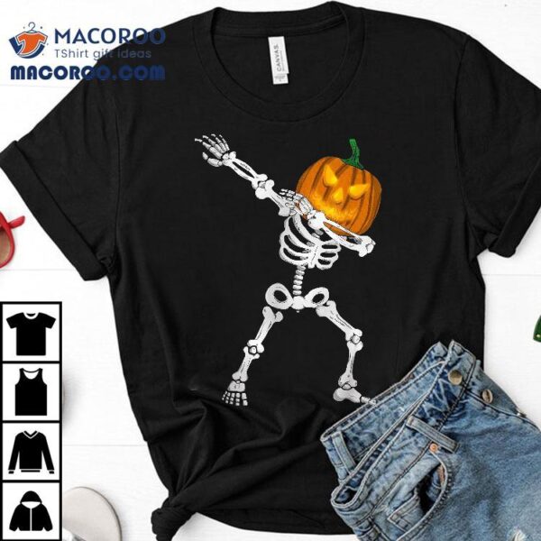 Dabbing Pumpkin Lantern Head Halloween Skeleton Shirt