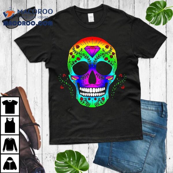 Day Of The Dead Halloween Sugar Skull Rainbow Flowers Shirt