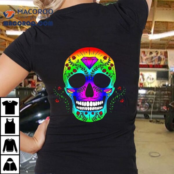 Day Of The Dead Halloween Sugar Skull Rainbow Flowers Shirt