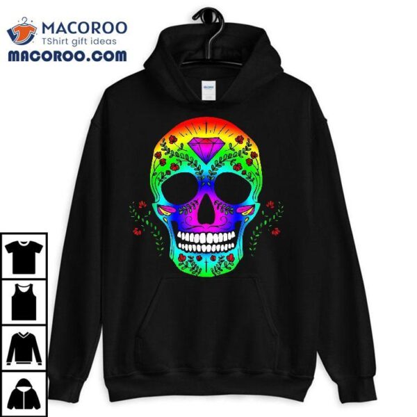 Day Of The Dead Halloween Sugar Skull Rainbow Flowers Shirt