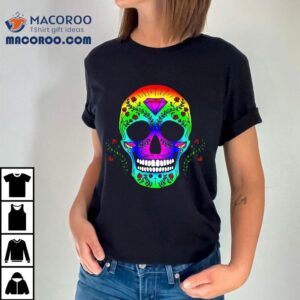 Day Of The Dead Halloween Sugar Skull Rainbow Flowers Tshirt