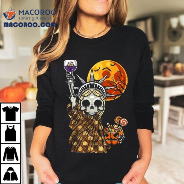 Halloween The Statue Of Liberty Skeleton Skull Pumpkin Moon Shirt