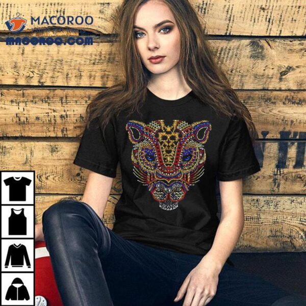 Panther Huichol Sugar Skull Calavera Halloween Aztec Shirt