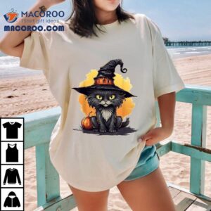 Scary Black Cat Witch Hat Pumpkin Halloween Costume Shirt