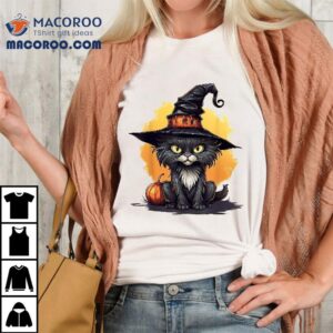 Scary Black Cat Witch Hat Pumpkin Halloween Costume Shirt