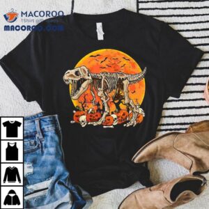 Skeleton Dinosaur T Rex Dino Pumpkins Moon Boys Halloween Shirt