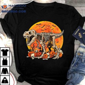 Skeleton Dinosaur T Rex Dino Pumpkins Moon Boys Halloween Tshirt