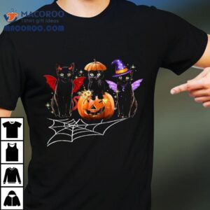 Three Black Cats Dracula Vampire Pumpkin Halloween Costume Tshirt