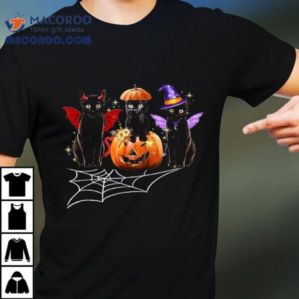 Three Black Cats Dracula Vampire Pumpkin Halloween Costume Shirt