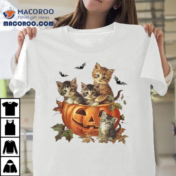 Vintage 90s Cat Pumpkin Halloween Retro Floral Spooky Season Shirt