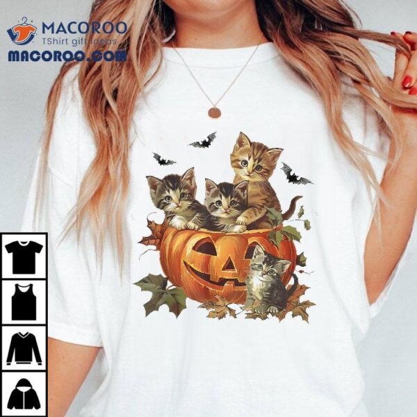 Vintage 90s Cat Pumpkin Halloween Retro Floral Spooky Season Shirt