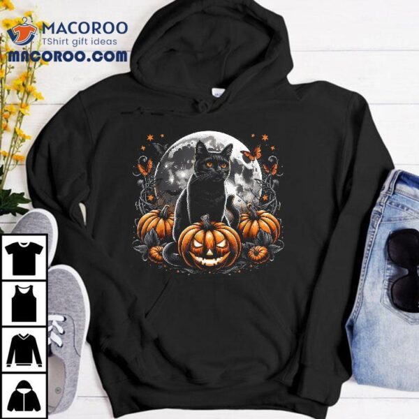 Black Cat And Moon Halloween Pumpkin Jack O Lantern Costume Shirt