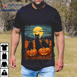 Black Cat Halloween Lovers Starry Night Van Gogh Shirt