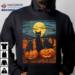 Black Cat Halloween Lovers Starry Night Van Gogh Shirt