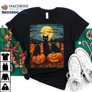 Black Cat Halloween Lovers Starry Night Van Gogh Tshirt