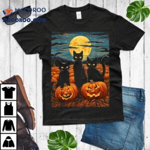 Black Cat Halloween Lovers Starry Night Van Gogh Tshirt