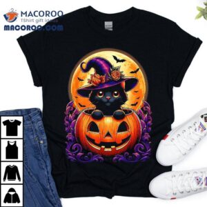 Black Cat Witch Hat Pumpkin Funny Halloween Kids Shirt