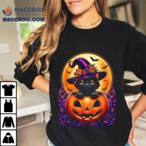 Black Cat Witch Hat Pumpkin Funny Halloween Kids Shirt