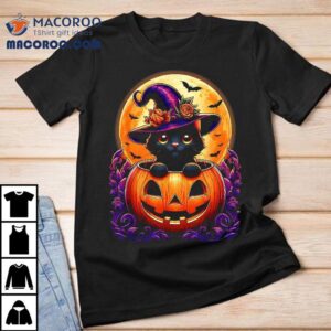 Black Cat Witch Hat Pumpkin Funny Halloween Kids Tshirt