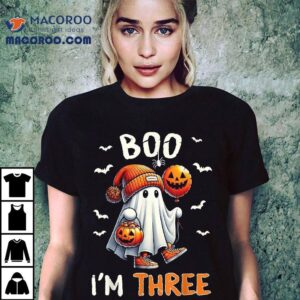 Boo I M Three Ghost Rd Birthday Halloween Boy Kids Groovy Tshirt