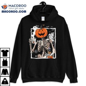 Coffee Drinking Skeleton Pumpkin Halloween Costume Tshirt