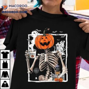 Coffee Drinking Skeleton Pumpkin Halloween Costume Tshirt