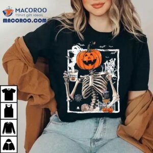 Coffee Drinking Skeleton Pumpkin Halloween Costume Tshirt