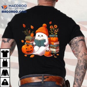 Cute Ghost Book Reading Halloween Books Lover Teacher Kids Tshirt
