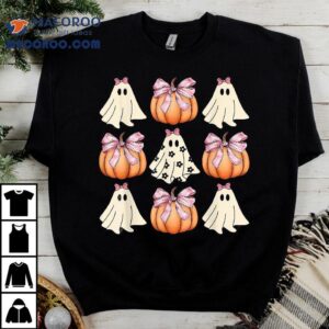 Cute Ghost Florals Pink Coquette Bows Pumpkins Halloween Tshirt