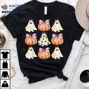 Cute Ghost Florals Pink Coquette Bows Pumpkins Halloween Tshirt