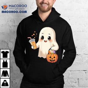 Cute Halloween Ghost With Candy Bucket And Boba Tea Kids Shirt Cute Halloween Ghost With Candy Bucket And Boba Tea Kids Shirt